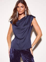 Friends Like These Navy Satin Cowl Neck Top - Image 2 of 6