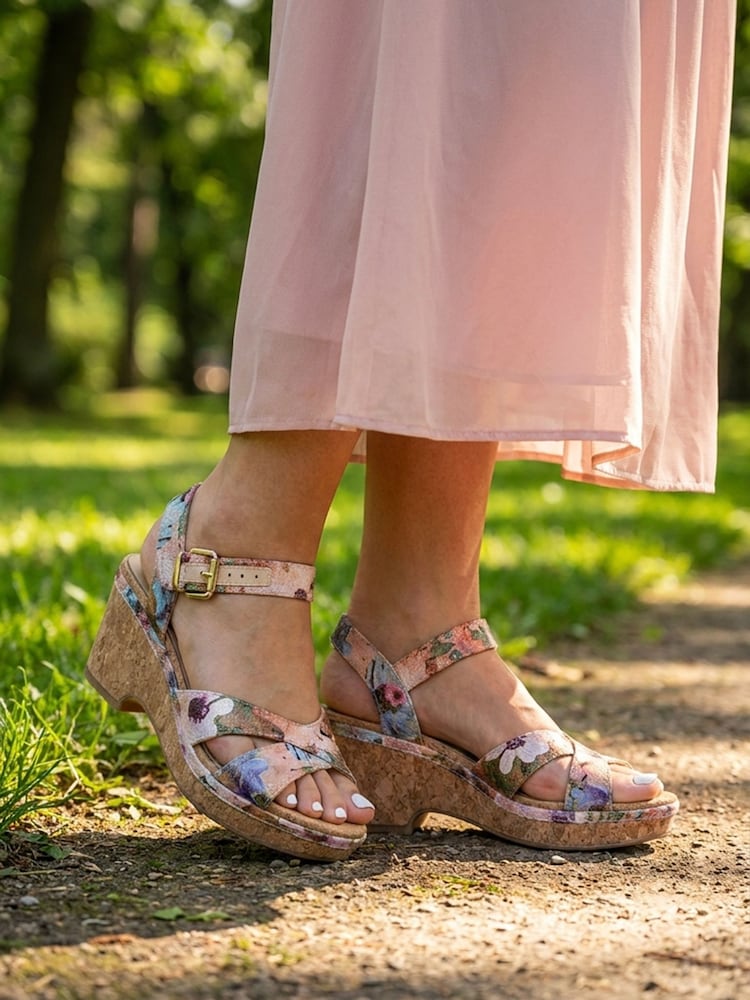 Pavers Natural Patterned Cork Wedge Platform Sandals - Image 1 of 6 Pavers Natural Patterned Cork Wedge Platform Sandals - Image 1 of 6