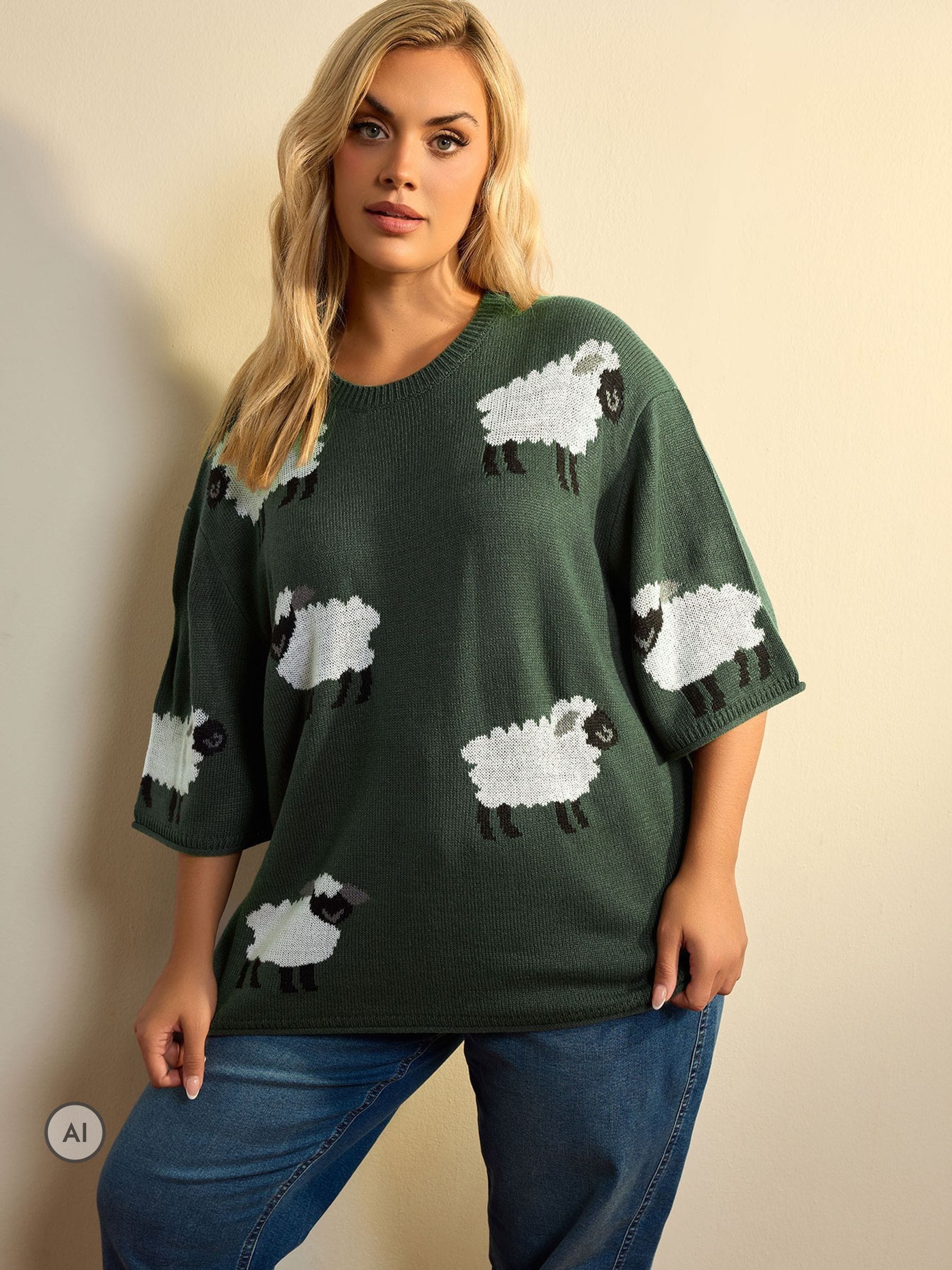 Buy Yours Curve Green Limited Sheep Knitted T-Shirt from the Next