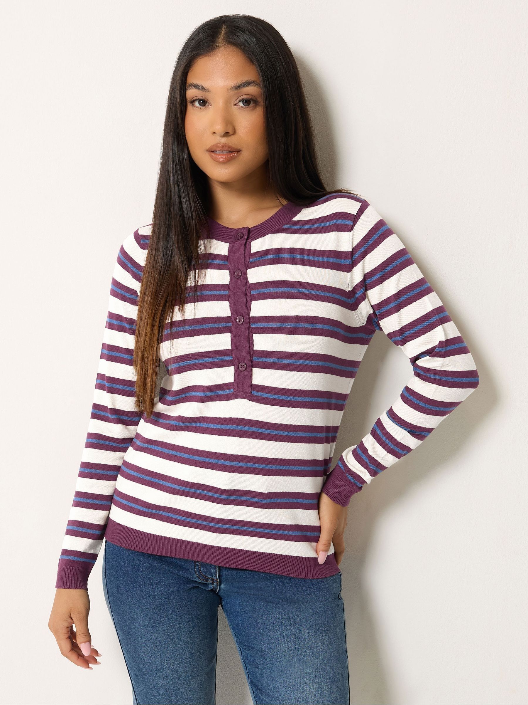 M & Co Women's White Stripe Henley Jumper