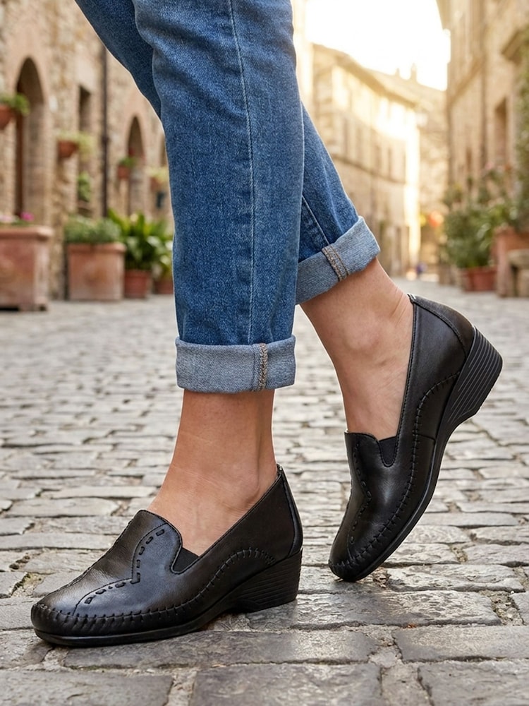 Pavers Black Leather Wedge Loafers - Image 1 of 5
