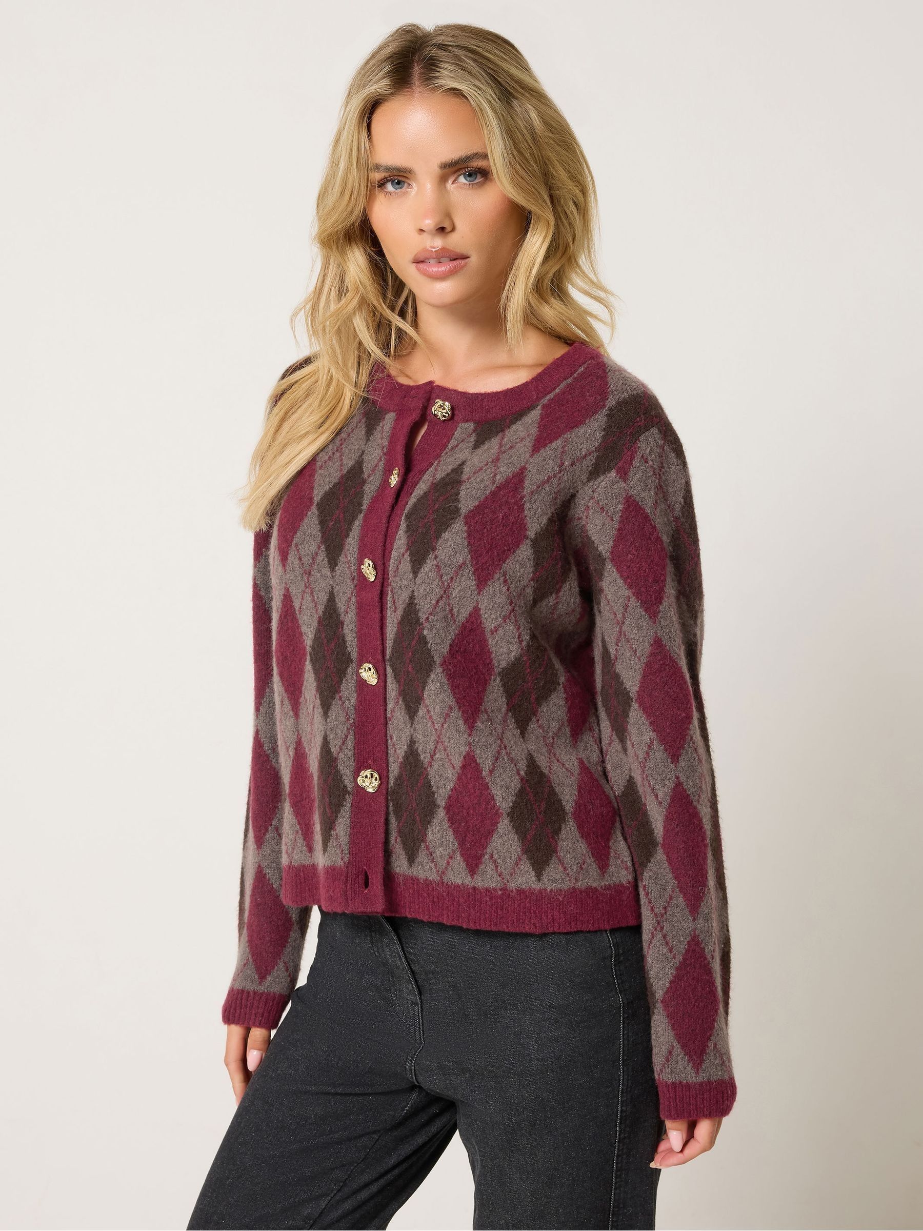 M&Co Women's Burgundy Petite Argyle Button Through Cardigan In | Size: 8/10 - Image 1