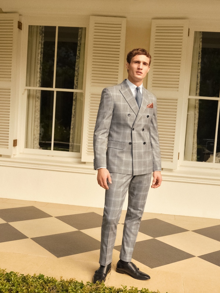 Light Grey Slim Fit Check Suit Trousers - Image 2 of 7