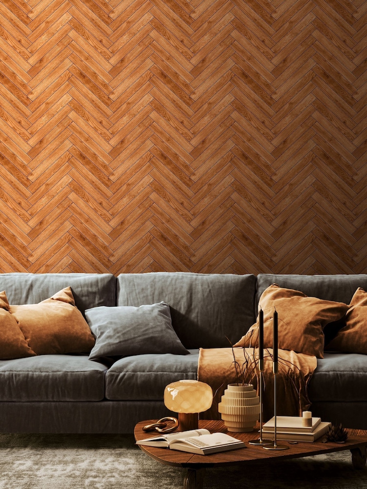 Hoopla Walls Teak Parquet Wallpaper - Image 1 of 2