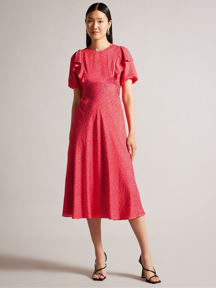 Ted Baker Pink Mayyia Puff Sleeve Ruffle Midi Dress - Image 2 of 6