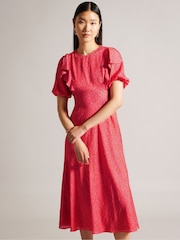 Ted Baker Pink Mayyia Puff Sleeve Ruffle Midi Dress - Image 3 of 6