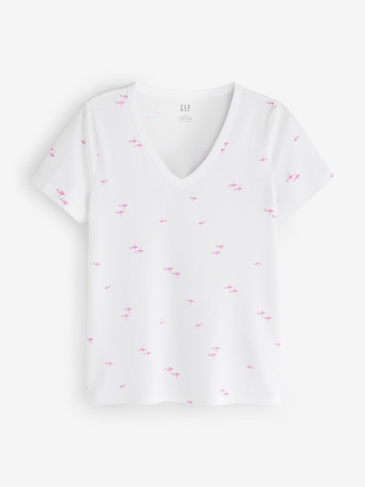 Gap White Flamingo Favourite Print V-Neck Short Sleeve T-Shirt - Image 1 of 4