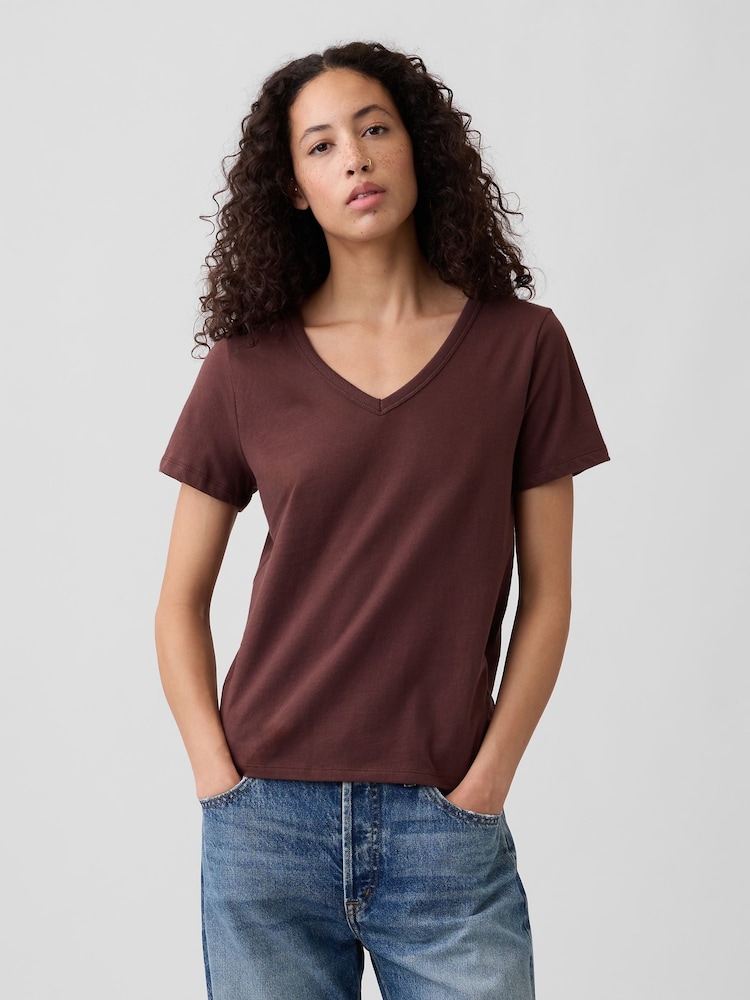 Gap Brown Favourite V-Neck T-Shirt - Image 1 of 5 Gap Brown Favourite V-Neck T-Shirt - Image 1 of 5