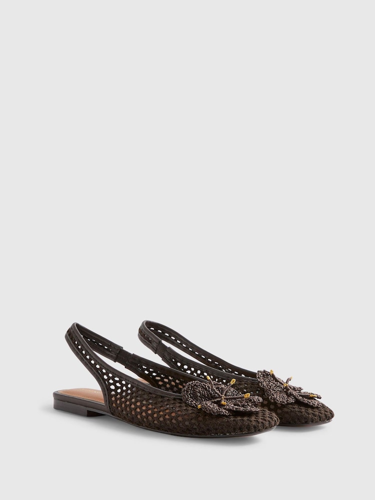 River Island Brown Flower Crochet Flat Slingback Shoes - Image 2 of 6