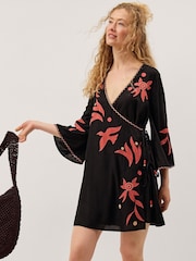 Monsoon Black Zora Embroidered Mini Wrap Dress - Image 1 of 4