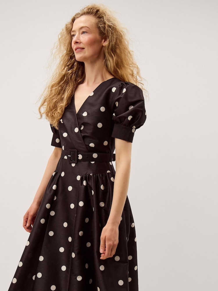 Monsoon Black Amara Polka Dot Belted Midi Dress - Image 1 of 3
