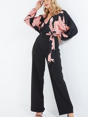 Quiz Black Satin Floral Wrap Palazzo Jumpsuit - Image 1 of 4