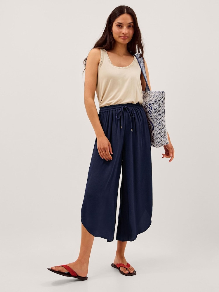 Monsoon Blue Teri Drawstring Culotte Trousers - Image 1 of 3