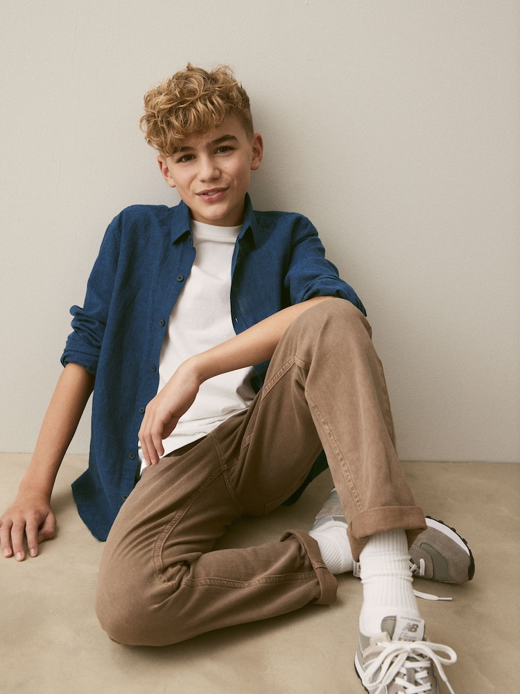 Navy Linen Blend Long Sleeve Shirt (3-16yrs) - Image 1 of 6 Navy Linen Blend Long Sleeve Shirt (3-16yrs) - Image 1 of 6