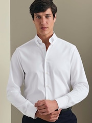 Charles Tyrwhitt White Stripe Non-iron Stretch Pinpoint Oxford Button Down Slim Fit Shirt - Image 1 of 12
