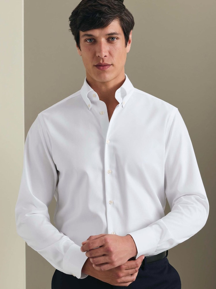 Charles Tyrwhitt White Stripe Non-iron Stretch Pinpoint Oxford Button Down Slim Fit Shirt - Image 1 of 12