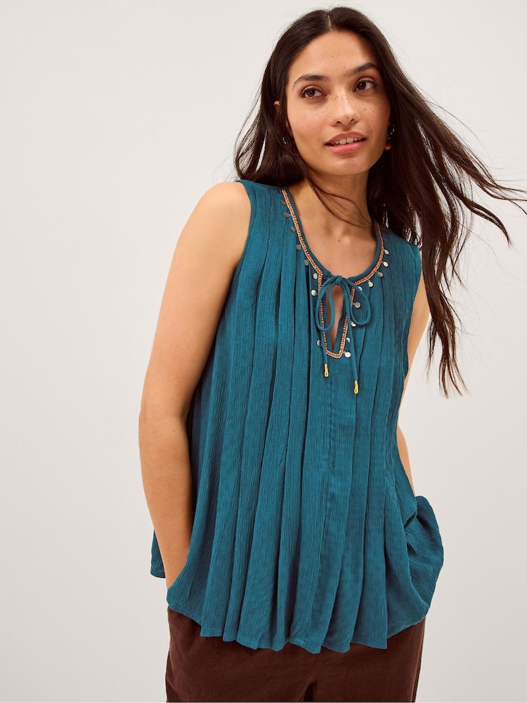 Monsoon Blue Sophia Embellished Pleat Tank Top - Image 1 of 4 Monsoon Blue Sophia Embellished Pleat Tank Top - Image 1 of 4