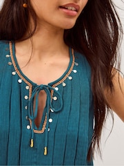 Monsoon Blue Sophia Embellished Pleat Tank Top - Image 2 of 4