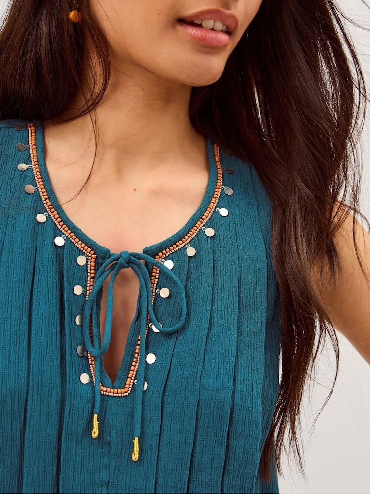 Monsoon Blue Sophia Embellished Pleat Tank Top - Image 2 of 4 Monsoon Blue Sophia Embellished Pleat Tank Top - Image 2 of 4