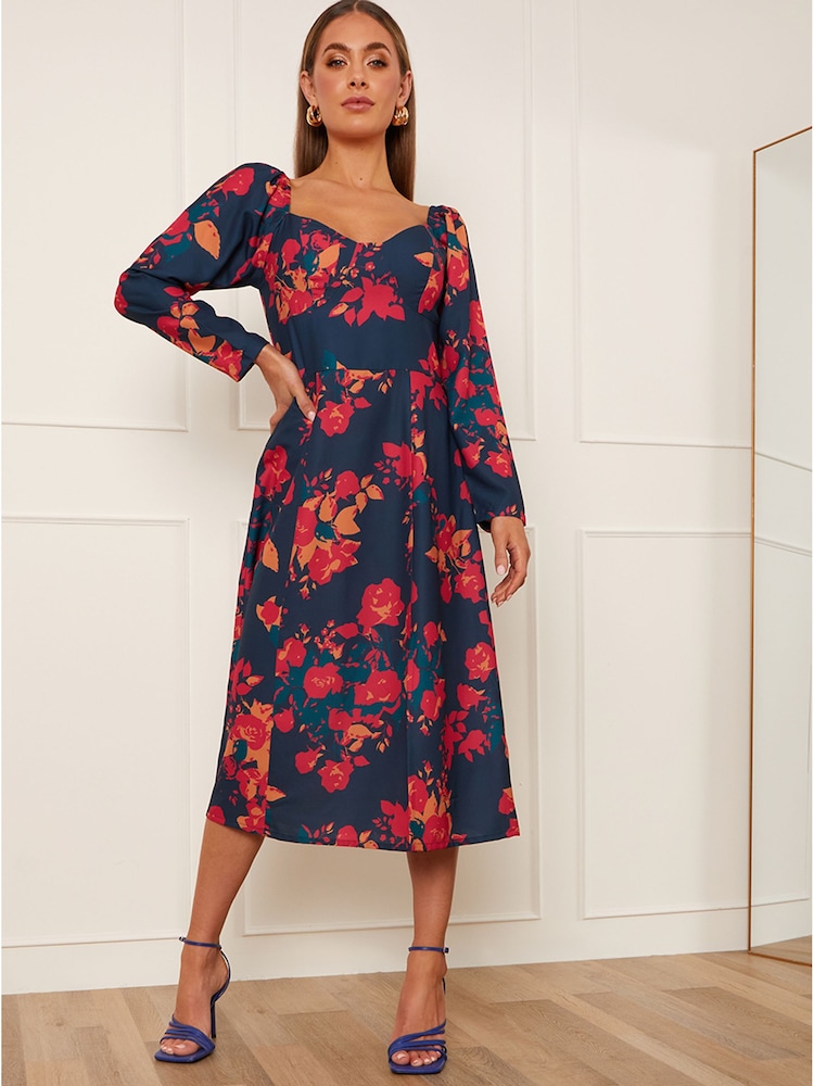 Chi Chi London Blue Long Sleeve Floral Midi Dress - Image 1 of 3
