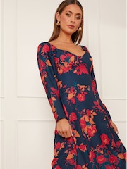 Chi Chi London Blue Long Sleeve Floral Midi Dress - Image 3 of 3