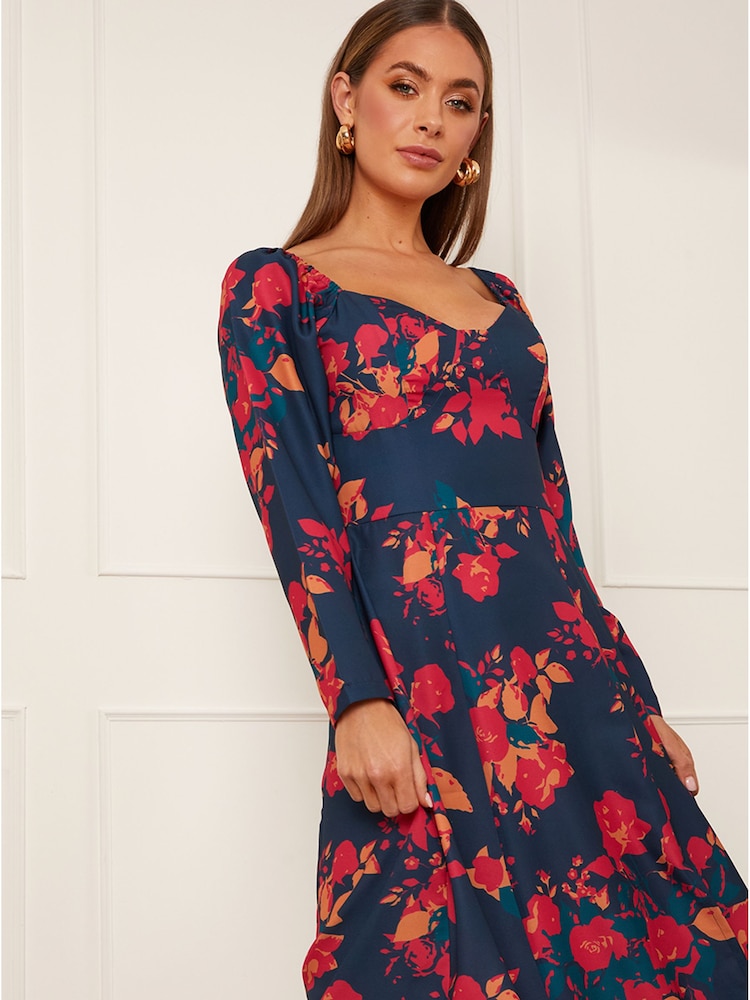 Chi Chi London Blue Long Sleeve Floral Midi Dress - Image 3 of 3