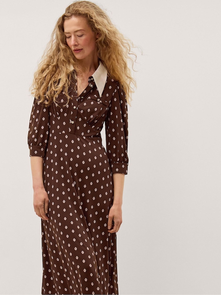 Monsoon Brown Janey Print Jersey Midi Dress - Image 1 of 4 Monsoon Brown Janey Print Jersey Midi Dress - Image 1 of 4