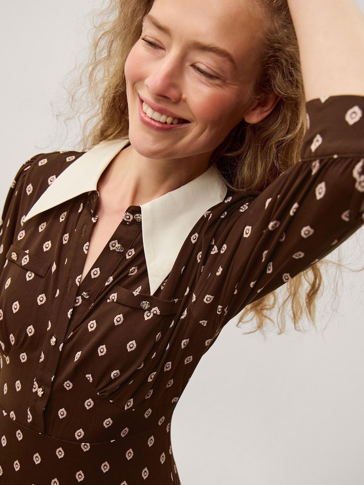 Monsoon Brown Janey Print Jersey Midi Dress - Image 2 of 4 Monsoon Brown Janey Print Jersey Midi Dress - Image 2 of 4