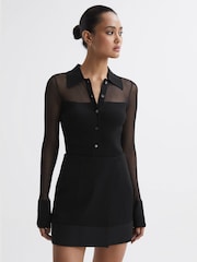 Reiss Black Nelly Sheer Knitted Button-Through Top - Image 1 of 4