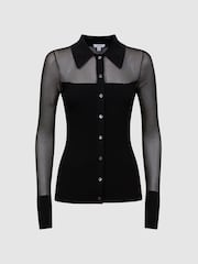 Reiss Black Nelly Sheer Knitted Button-Through Top - Image 2 of 4