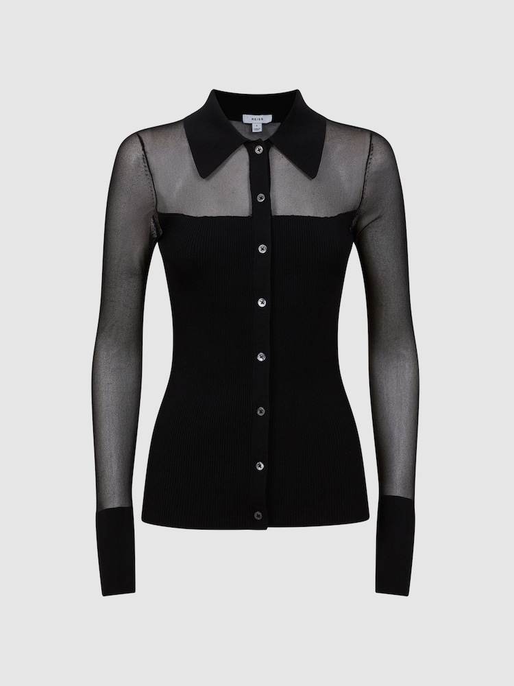 Reiss Black Nelly Sheer Knitted Button-Through Top - Image 2 of 4