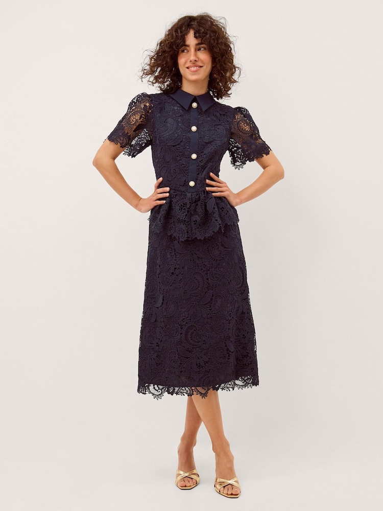 Monsoon Blue Alice Lace Peplum Midi Dress - Image 1 of 4 Monsoon Blue Alice Lace Peplum Midi Dress - Image 1 of 4