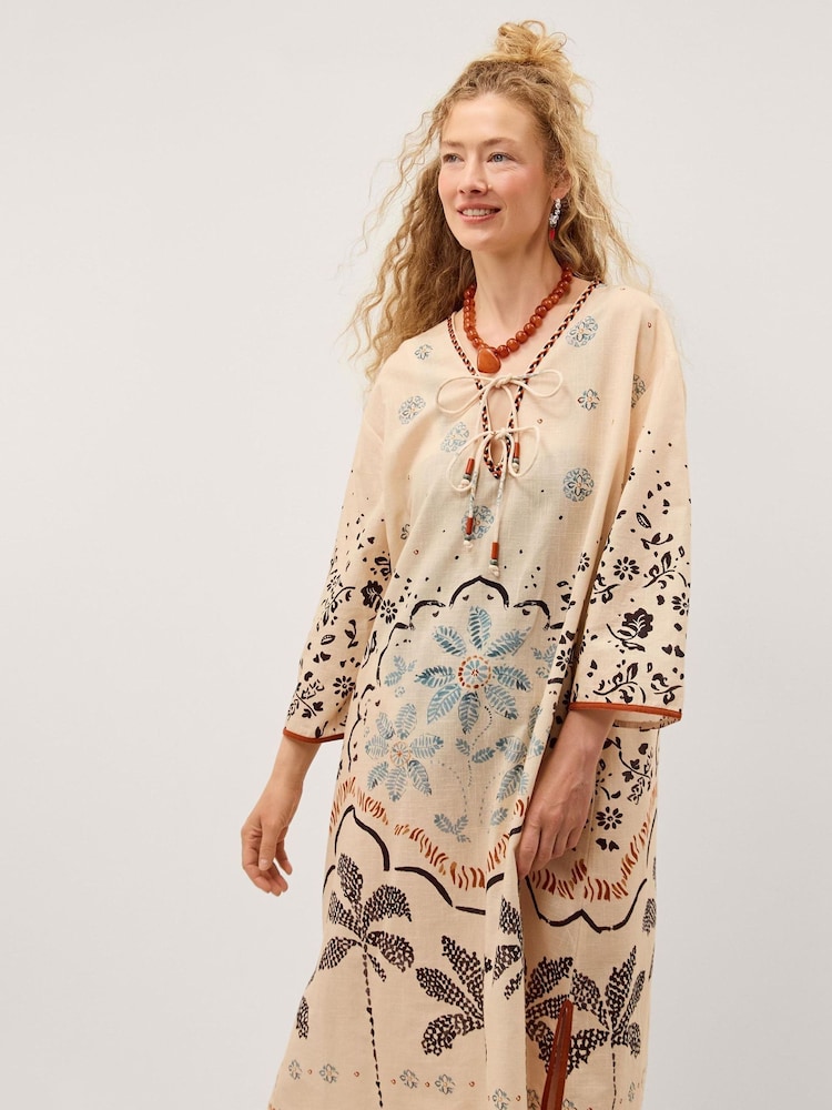 Monsoon Cream Aleah Tropical Print Midi Kaftan - Image 1 of 4 Monsoon Cream Aleah Tropical Print Midi Kaftan - Image 1 of 4