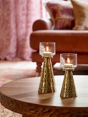 Gold Hammered Metal and Glass Tealight Candle Holder Set of 2 - Image 1 of 4