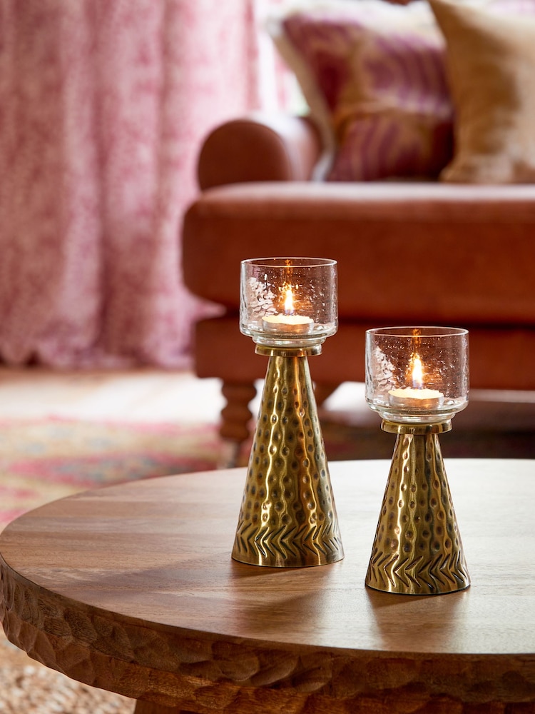 Gold Hammered Metal and Glass Tealight Candle Holder Set of 2 - Image 1 of 4