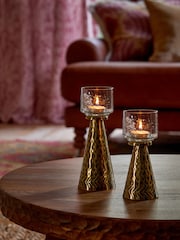 Gold Hammered Metal and Glass Tealight Candle Holder Set of 2 - Image 2 of 4