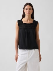 Gap Black Linen-Blend Crochet Square-Neck Top - Image 1 of 4