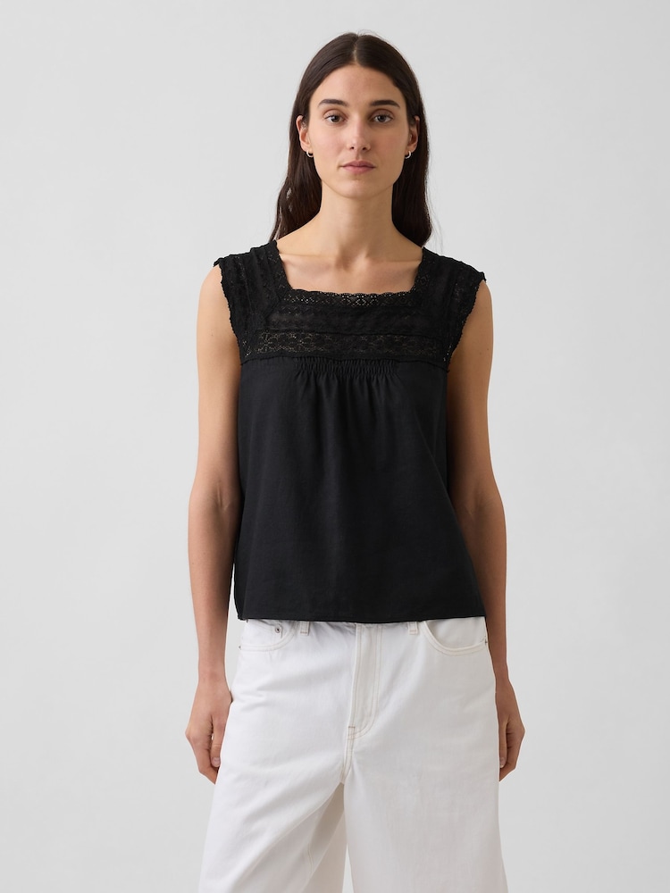Gap Black Linen-Blend Crochet Square-Neck Top - Image 1 of 4 Gap Black Linen-Blend Crochet Square-Neck Top - Image 1 of 4