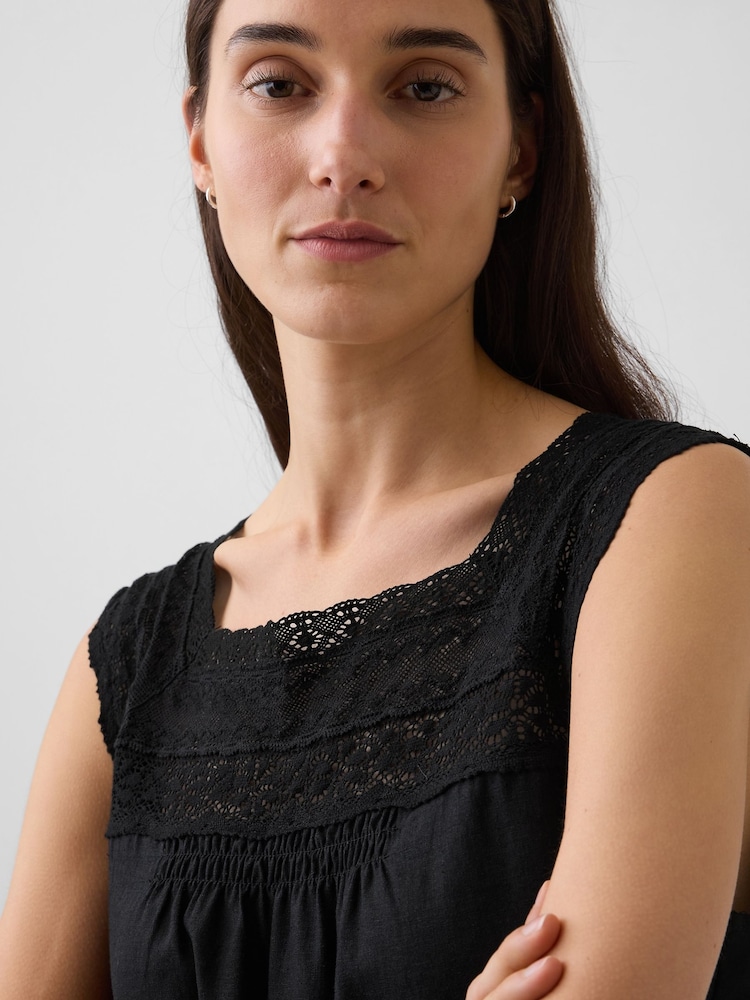 Gap Black Linen-Blend Crochet Square-Neck Top - Image 4 of 4 Gap Black Linen-Blend Crochet Square-Neck Top - Image 4 of 4
