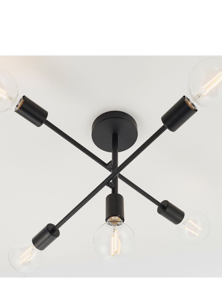 Gallery Home Chrome/Matt Black Industrial 6 Cluster Chrome 5 Light Flush Ceiling Light Pendant - Image 1 of 7