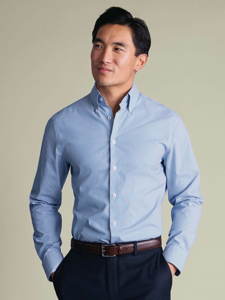 Charles Tyrwhitt Blue Stripe Non-iron Stretch Pinpoint Oxford Button Down Slim Fit Shirt - Image 1 of 8