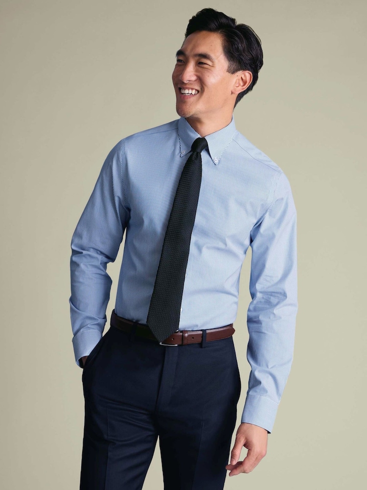 Charles Tyrwhitt Blue Stripe Non-iron Stretch Pinpoint Oxford Button Down Slim Fit Shirt - Image 2 of 8