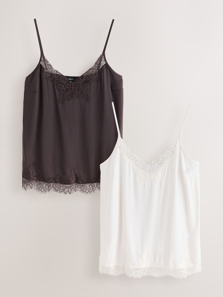 브라운/Cream - Lace Trim Satin Cami Tops 2 Pack - 5의 이미지 1