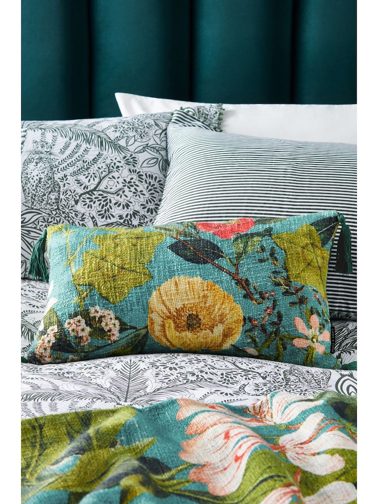 Clarke & Clarke Green 100% Cotton Passiflora Floral Cushion - Image 1 of 4