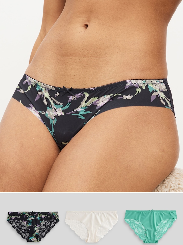 Marineblau geblümt/Creme/Grün - Nahtlose Slips mit Spitzenrückseite im 3er-Pack - Bild 1 von 7 Marineblau geblümt/Creme/Grün - Nahtlose Slips mit Spitzenrückseite im 3er-Pack - Bild 1 von 7