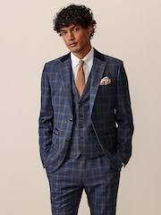 Bright Blue Slim Fit Trimmed Check Suit Jacket - Image 1 of 11