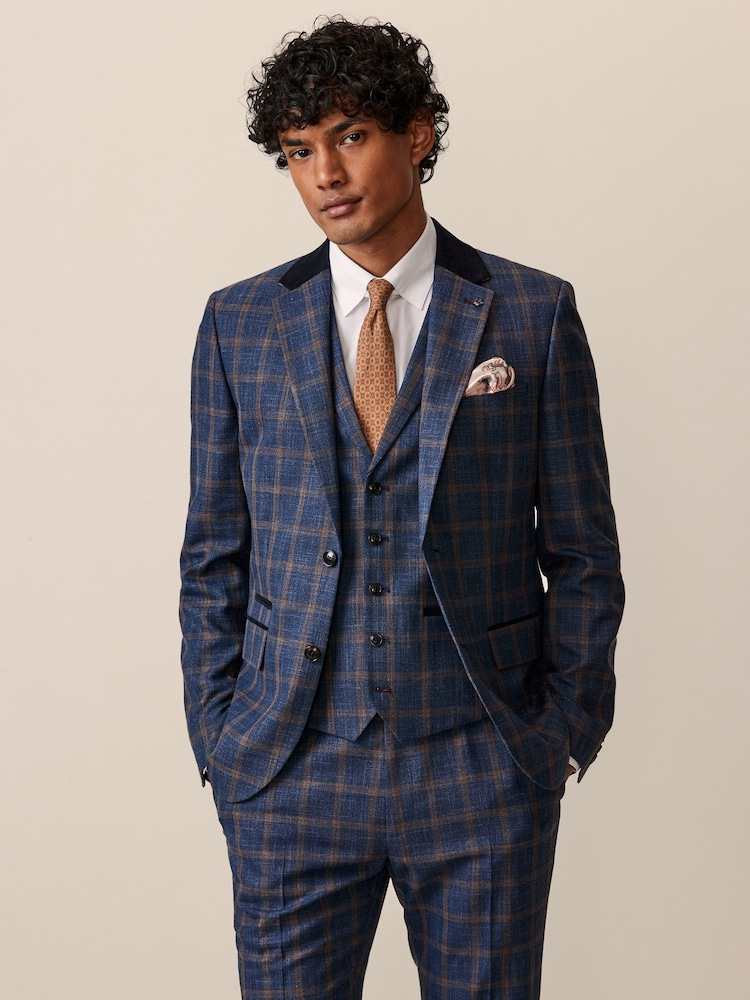 Bright Blue Slim Fit Trimmed Check Suit Jacket - Image 1 of 11