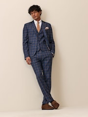 Bright Blue Slim Fit Trimmed Check Suit Jacket - Image 2 of 11