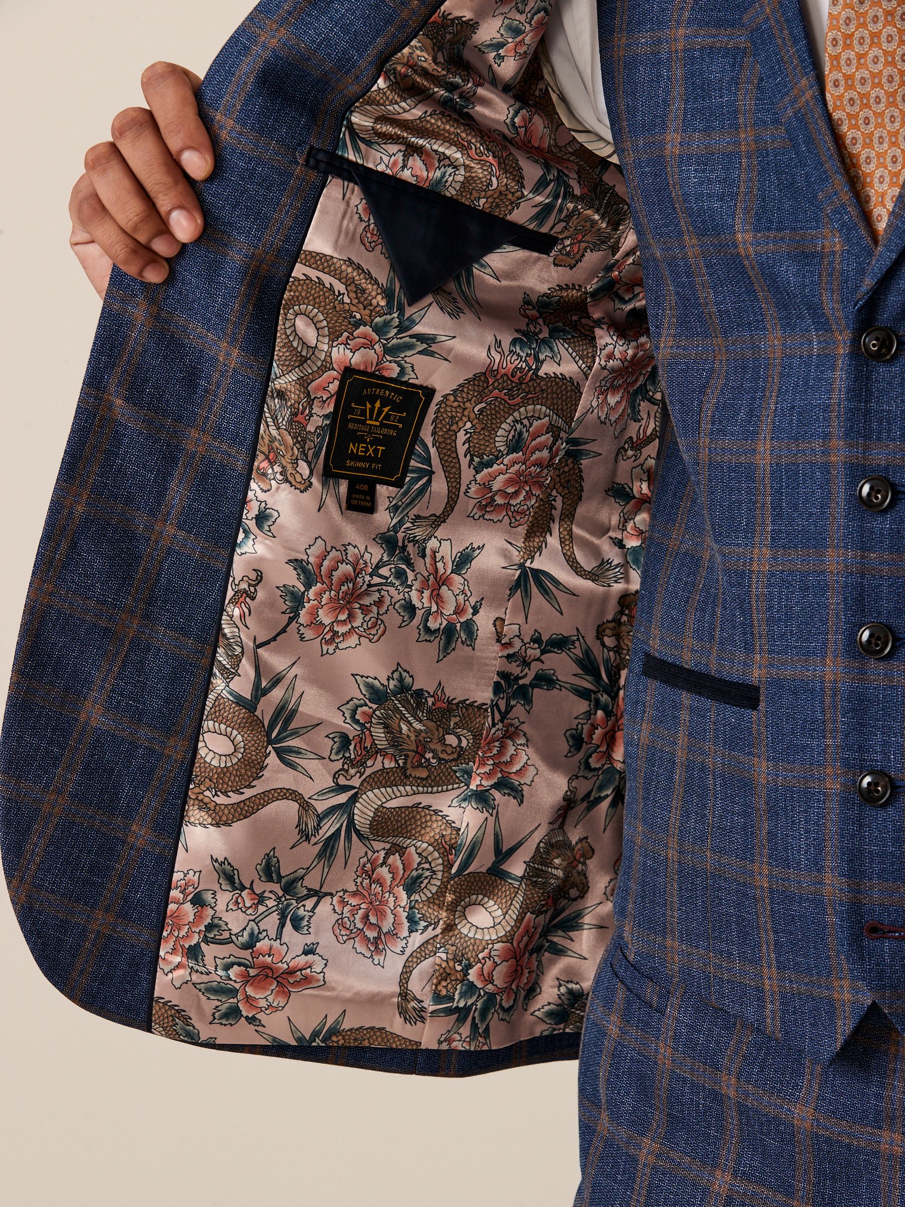 Buy Bright Blue Slim Fit Trimmed Check Suit Jacket from Next