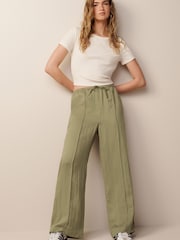 Khaki Green Drawstring Tencel Wide Leg Trousers - Image 1 of 4